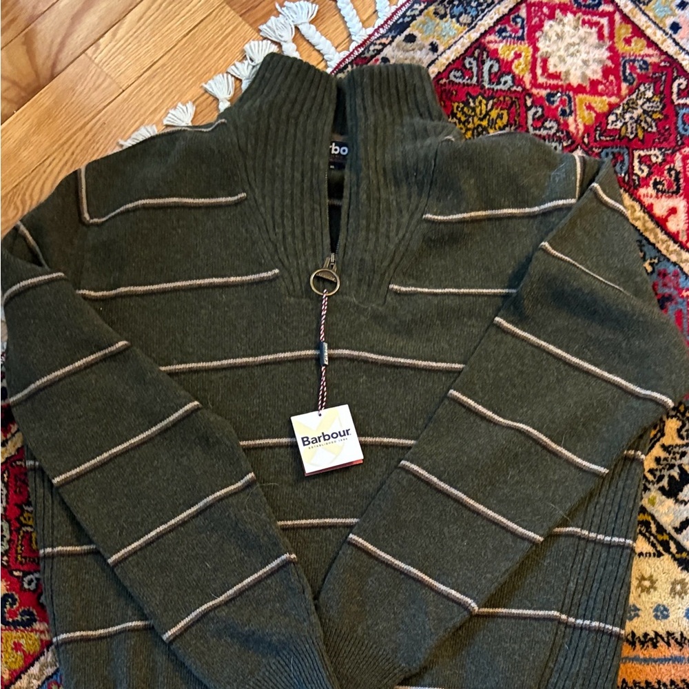 NWT Men’s  XL Barbour Olive Zip-Up Sweater with Stripe Accents